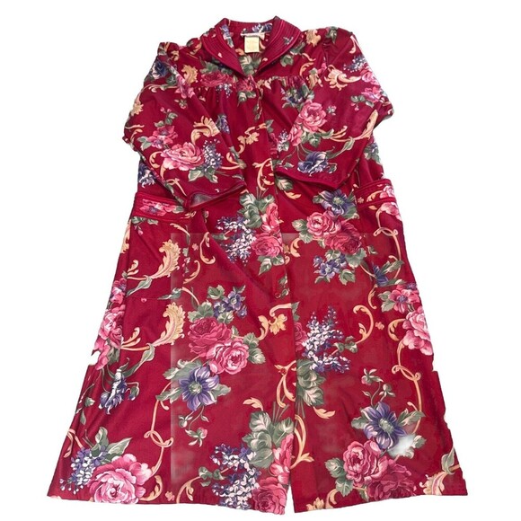 VTG Lady Manhattan CRANBERRY Floral Long Sleeve Snap Down Robe Sz Large - Picture 1 of 5